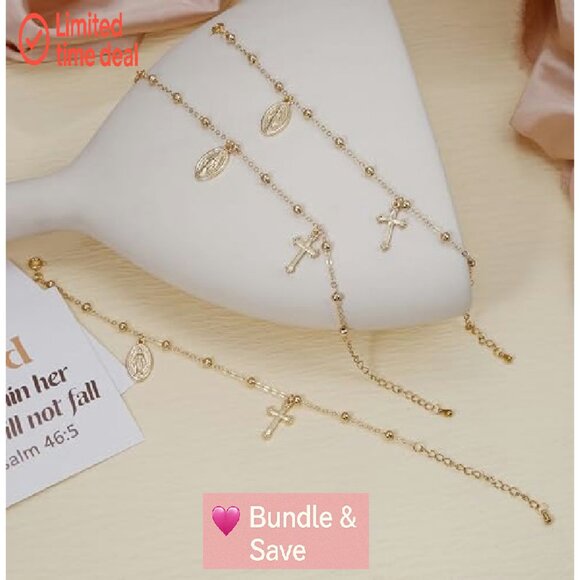 9pc Virgin Mary Cross Bracelet Set Adjustable 18K Gold Plated Religious Jewelry - Picture 4 of 8